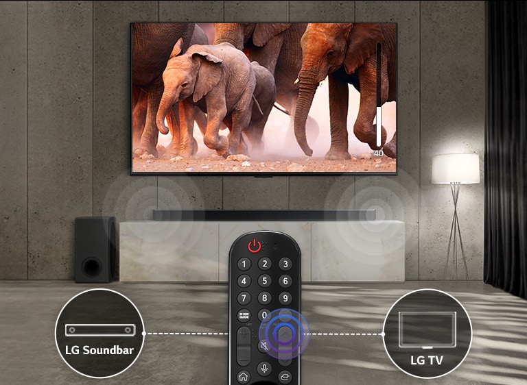 De tv in een kamer met subtiele verlichting toont beelden van voorbijtrekkende olifanten. En er is een geluidseffect op de soundbar onder de tv. Onderaan het beeld staat een tv-afstandsbediening en de soundbar. Het pictogram van de tv is links en rechts van de afstandsbediening met elkaar verbonden.