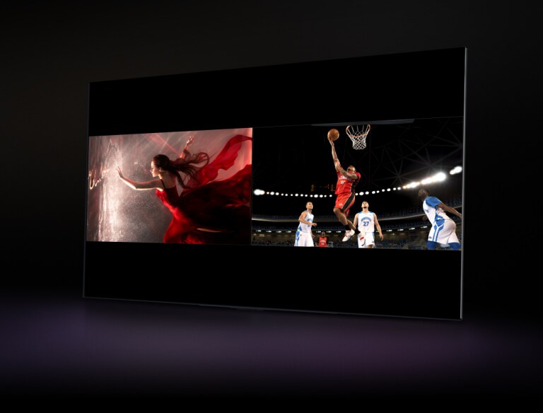 Een LG TV speelt een film af, en het scherm is verdeeld met de film op één helft en Spotify op de andere helft. De cursor klikt op een knop en opent het instellingenpaneel van Multiweergave. Vervolgens wordt op de Live TV-knop gedrukt en verandert het Spotify-venster naar een live sportuitzending.