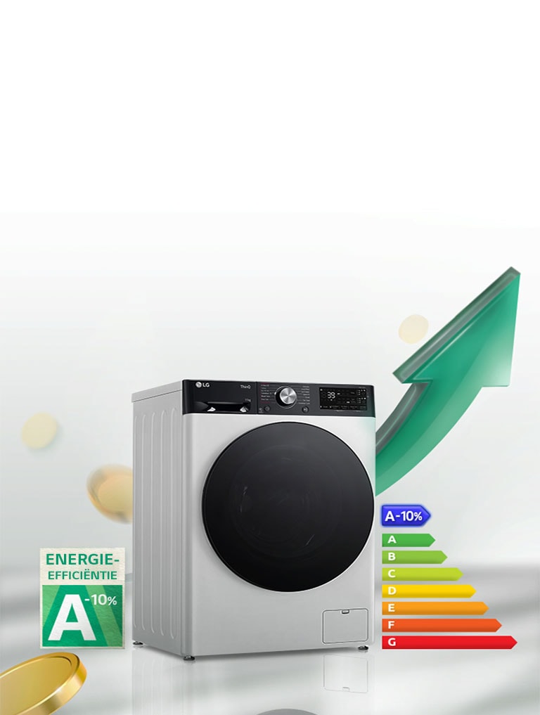 Het label A-10% voor hoge energie-efficiëntie en de grafiek van de energie-efficiëntie worden naast de wasmachine getoond. Achter de wasmachine wordt de groene pijl in opwaartse richting getoond.