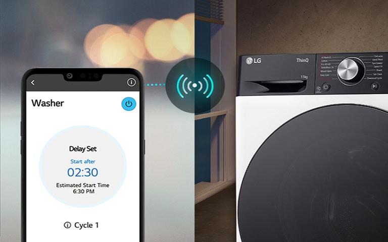 Links een man kijkt op zijn telefoon, rechts staat de wasmachine met groen lampje; in het midden de LG ThinQ‑app.