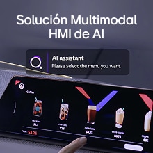 Gebruiker die interacteert met een touchscreeninterface aangedreven door een multimodale AI HMI-oplossing, en een koffiemenu selecteert met een AI-assistentprompt.