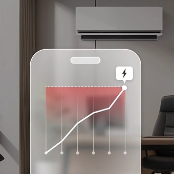 Smartphone-interface toont een grafiek van het energieverbruik voor de LG-airconditioner, met nadruk op de AI kW Manager voor efficiënt energiebeheer.