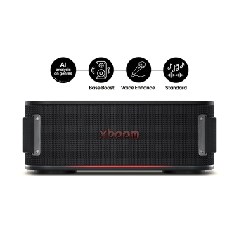 LG XBOOM-speaker met AI-geluidsmodi waaronder Bass Boost, Voice Enhance en Standard.