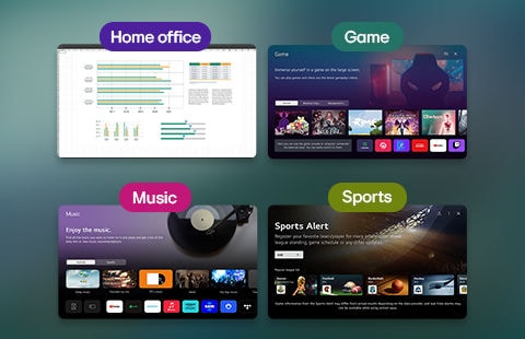 De variatie van apps op webOS 23, waaronder Home Office, Games, Muziek en Sport.