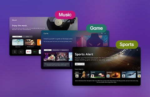 De variatie van apps op webOS 23, waaronder Games, Muziek en Sport.