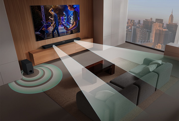 LG Soundbar, LG TV en een subwoofer staan in een huiskamer met een muziekoptreden in beeld. De soundbar stoot twee takken van witte geluidsgolven gemaakt van druppels uit en de subwoofer maakt van onderen een geluidseffect.