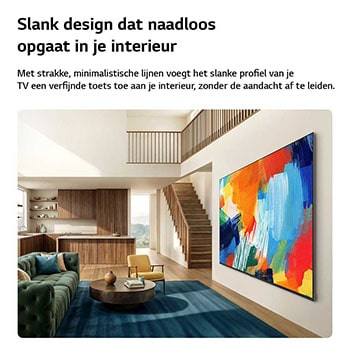 Een LG QNED evo AI QNED93 Mini LED met een slank ontwerp is aan de muur bevestigd in een lichte, open woonruimte. Het strakke profiel past naadloos in het interieur terwijl een opvallend, kleurrijk abstract kunstwerk wordt weergegeven.