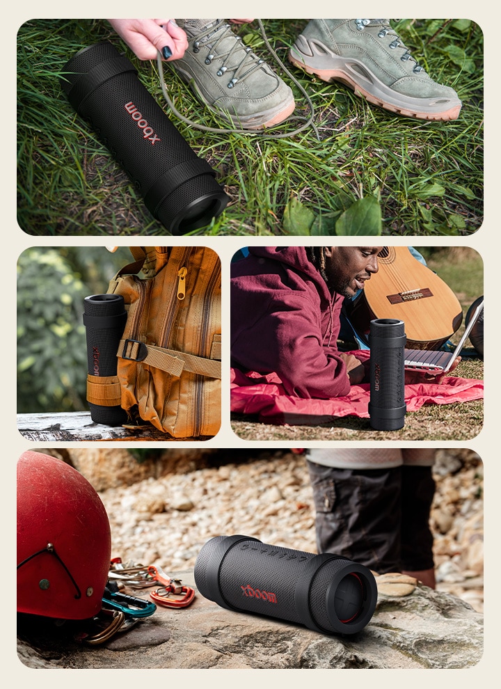 4 different images of xboom Grab Black's outdoor using scenes showing its portability and adaptability to outdoor activities.