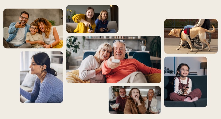 Een beeld met Grootouders wijzend met een afstandsbediening zoomt uit naar een raster met zeven beelden van verschillende mensen en hun levensstijlen.