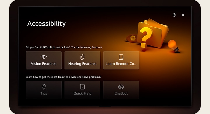 Een close-up van een LG TV-scherm met de knoppen Sport, Home Office, Game, Muziek, Accessibility, Home Hub onder een banner voor Masters of the Air. Een cursor klikt op de Accessibility-knop en het scherm gaat over naar het scherm voor de Accessibility-instellingen.