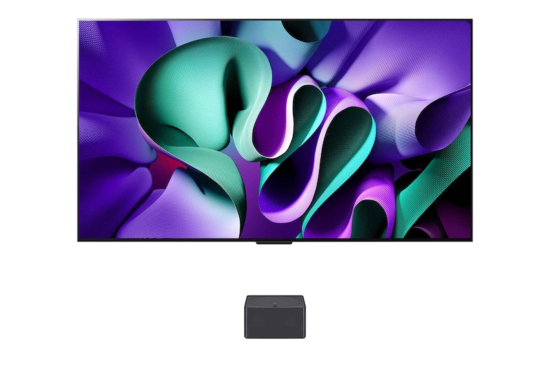 Zijaanzicht naar links van de LG OLED evo TV, OLED M4 aan de muur met de Zero Connect Box onder de tv