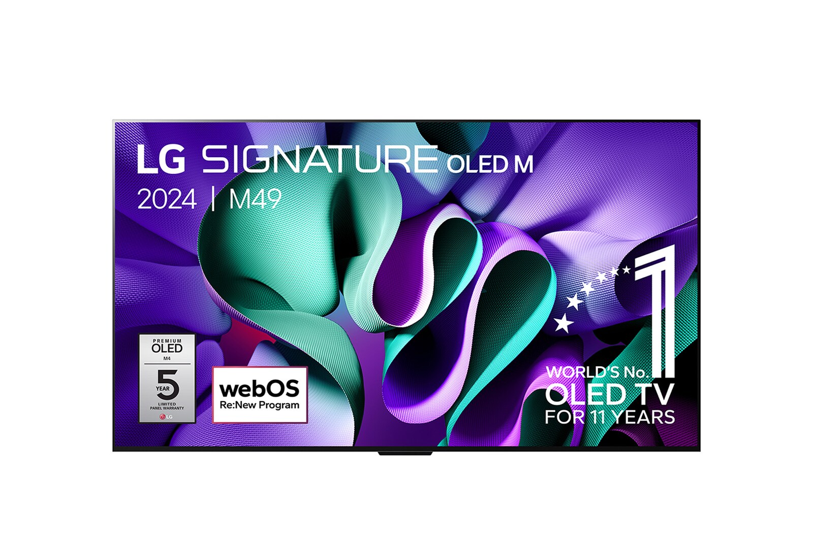 Vue avant de 65 pouces LG OLED evo AI M4, la première TV True Wireless au monde avec transfert vidéo et audio 4K 144Hz OLED65M49LA