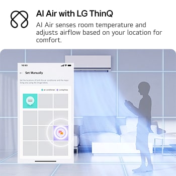 Illustration of LG AI Air technology in a living room with a wall-mounted air conditioner. The system adjusts airflow by sensing room temperature and user location. The accompanying text reads: 'AI Air with LG ThinQ: AI Air senses room temperature and adjusts airflow based on your location for comfort.'