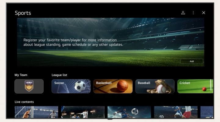 Écran des paramètres de LG TV montrant l’interface de Sports Portal. La section « Mon équipe » s’agrandit et rétrécie de manière dynamique, suivie d’un défilement fluide vers le bas à travers divers canaux, événements sportifs et contenus.