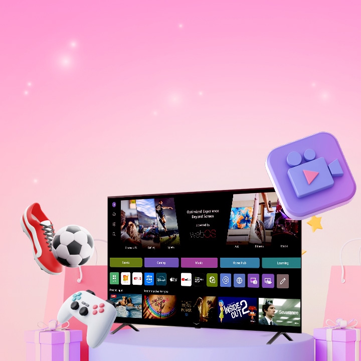 LG Smart TV entourée de coffrets cadeaux et de sacs d’achat, présentant des offres spéciales à durée limitée et des événements de streaming exclusifs disponibles sur la plateforme webOS.