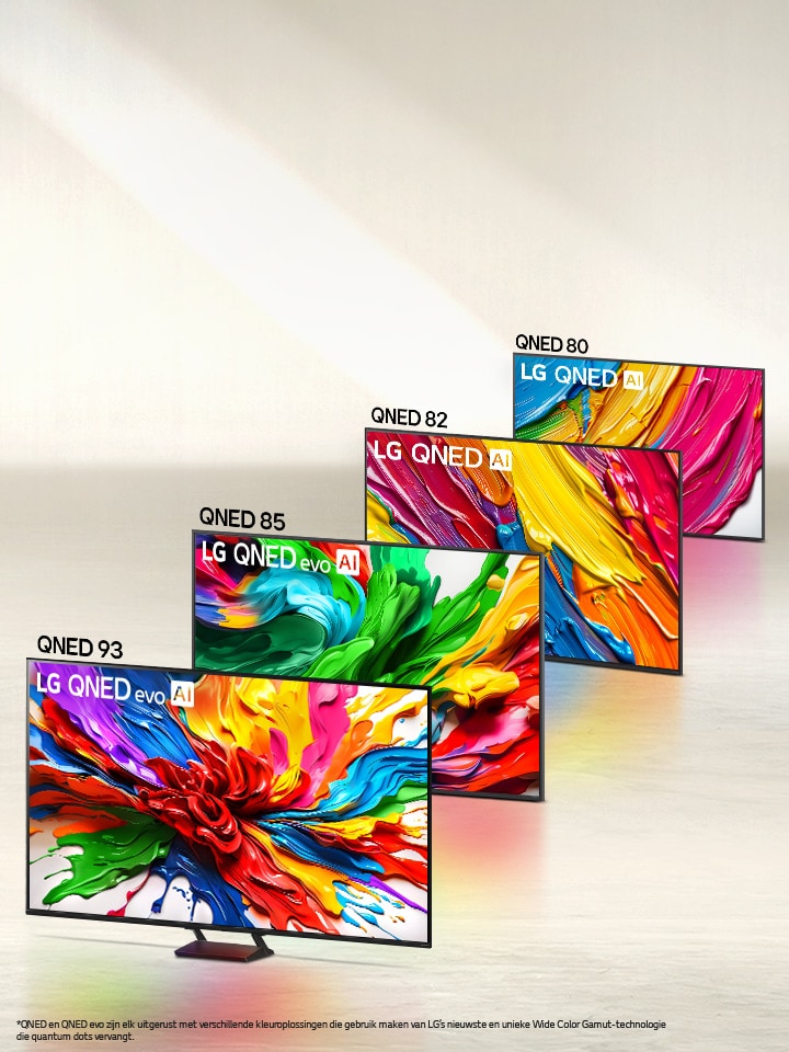 Assortiment van vier LG QNED evo AI TV’s in formatie, QNED80, QNED82, QNED85, QNED93 TV’s. 