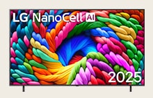 LG NanoCell TV met kleurrijk artwork en de titel LG NanoCell AI 2025 op het scherm.