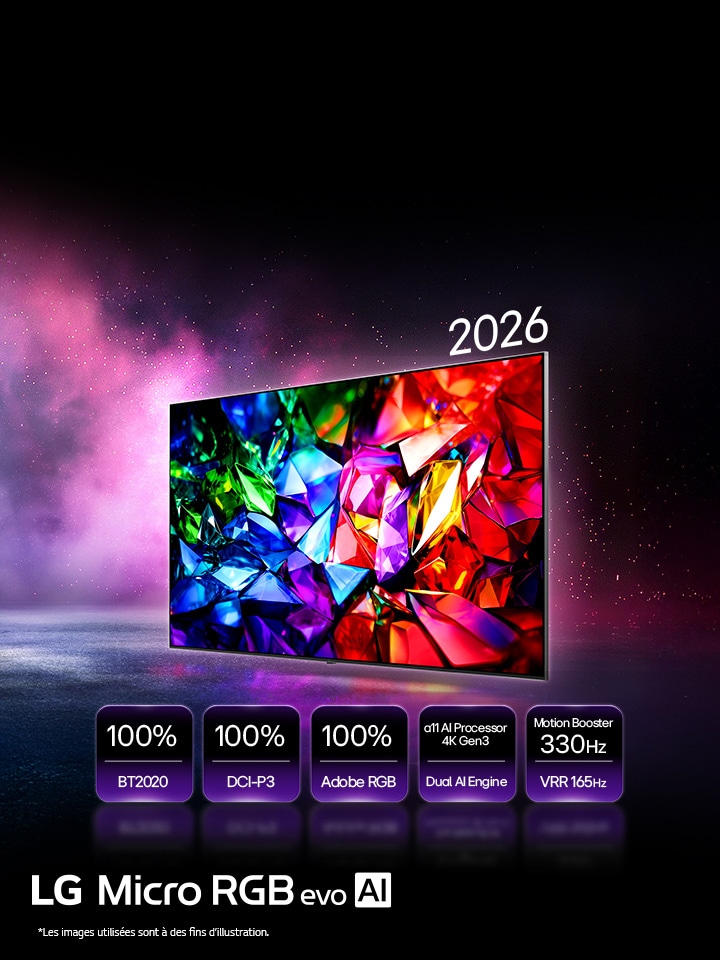 LG Micro RGB evo AI MRGB95, la nouvelle évolution des couleurs affiche une image couleur cristalline éclatante avec des facettes nettes de rouge, vert et bleu. Doté d’une couverture couleur à 100 % des BT2020, DCI-P3 et Adobe RGB, d’un processeur alpha 11 AI 4K Gen3 Dual Engine et d’un Motion Booster 330Hz avec VRR 165Hz.
