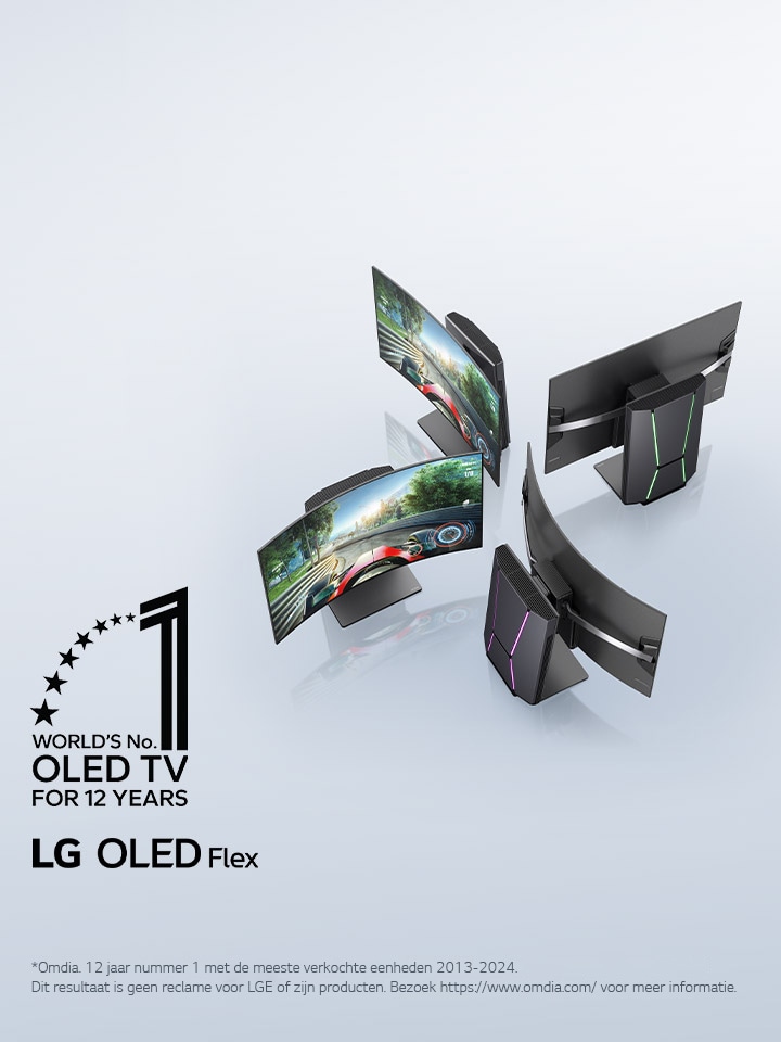 Een beetje schuin van bovenaf genomen foto van vier LG OLED Flex TV’s die zo staan dat je het unieke gebogen scherm goed kunt zien. Op de tv’s waarvan het scherm te zien is is een videogame met een race te zien. Het embleem ‘De beste OLED TV ter wereld voor 12 jaar’ staat in een hoek. Het productlogo van LG OLED Flex is zichtbaar.