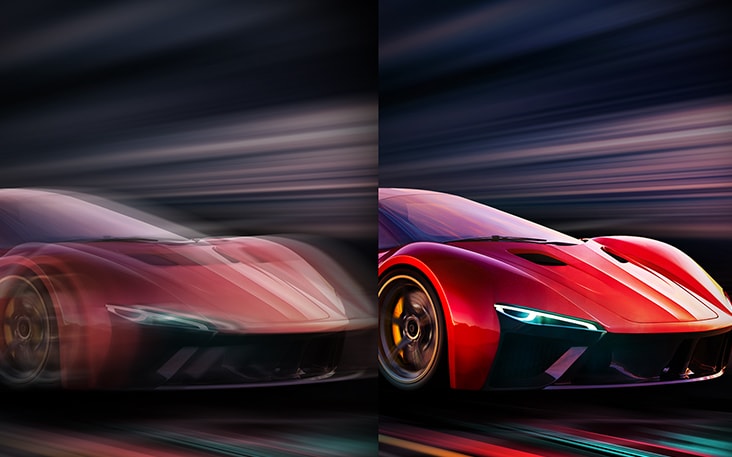 De verversingssnelheid van een racegame worden naast elkaar vergeleken. Aan de ene kant is de verversingssnelheid lager, waardoor je meer bewegingsonscherpte ziet. Aan de andere kant is de verversingssnelheid hoog, waardoor de auto helemaal scherp in beeld is.
