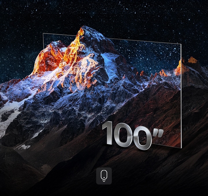 Bergketen met de rand van een tv eromheen als creatieve manier om de grote schermafmetingen van de tv te benadrukken. Met het label 100 inch.