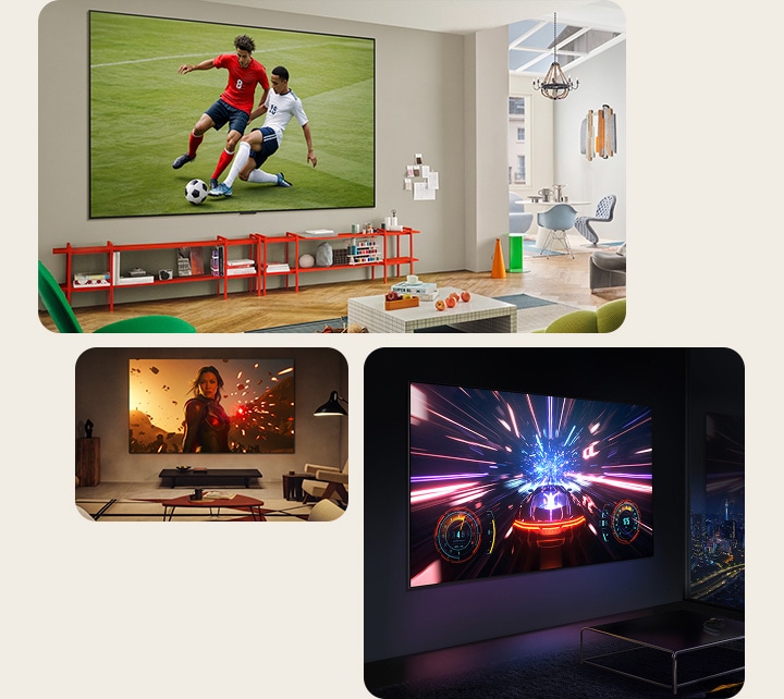 Verschillende woonkamers met mensen die op hun eigen manier genieten van hun ultragrote tv. In één ruimte kijken ze naar sport. In een andere ruimte kijken ze naar een film. In de laatste ruimte zien we een videogame op het scherm.