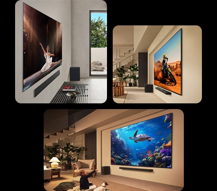 Verschillende woonkamers met verschillende ultragrote tv’s van LG aan de muur. In elk van deze ruimtes is de ultragrote tv gekoppeld aan een LG Soundbar.