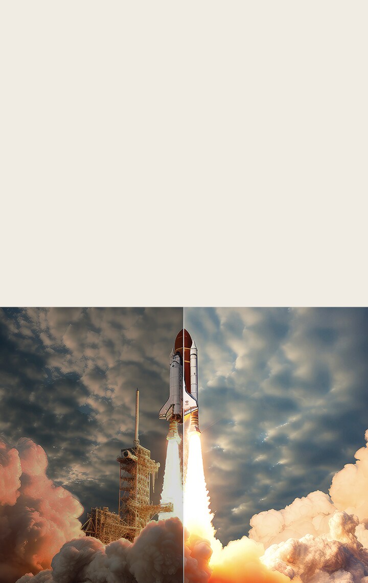 Scène van de lancering van een spaceshuttle in tweeën gesplitst. De ene helft van de scène is helder en levendig dankzij de helderheidsverhogende algoritmen van LG. De andere helft is donker, vervaagd en grijs. 