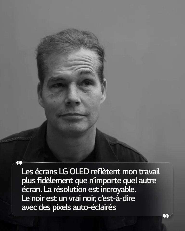 Entretien avec Shepard Fairey avec le texte « Les écrans LG OLED reflètent mon travail plus fidèlement que n’importe quel autre écran. La résolution est incroyable. Le noir est un vrai noir, c’est-à-dire avec des pixels auto-éclairés »