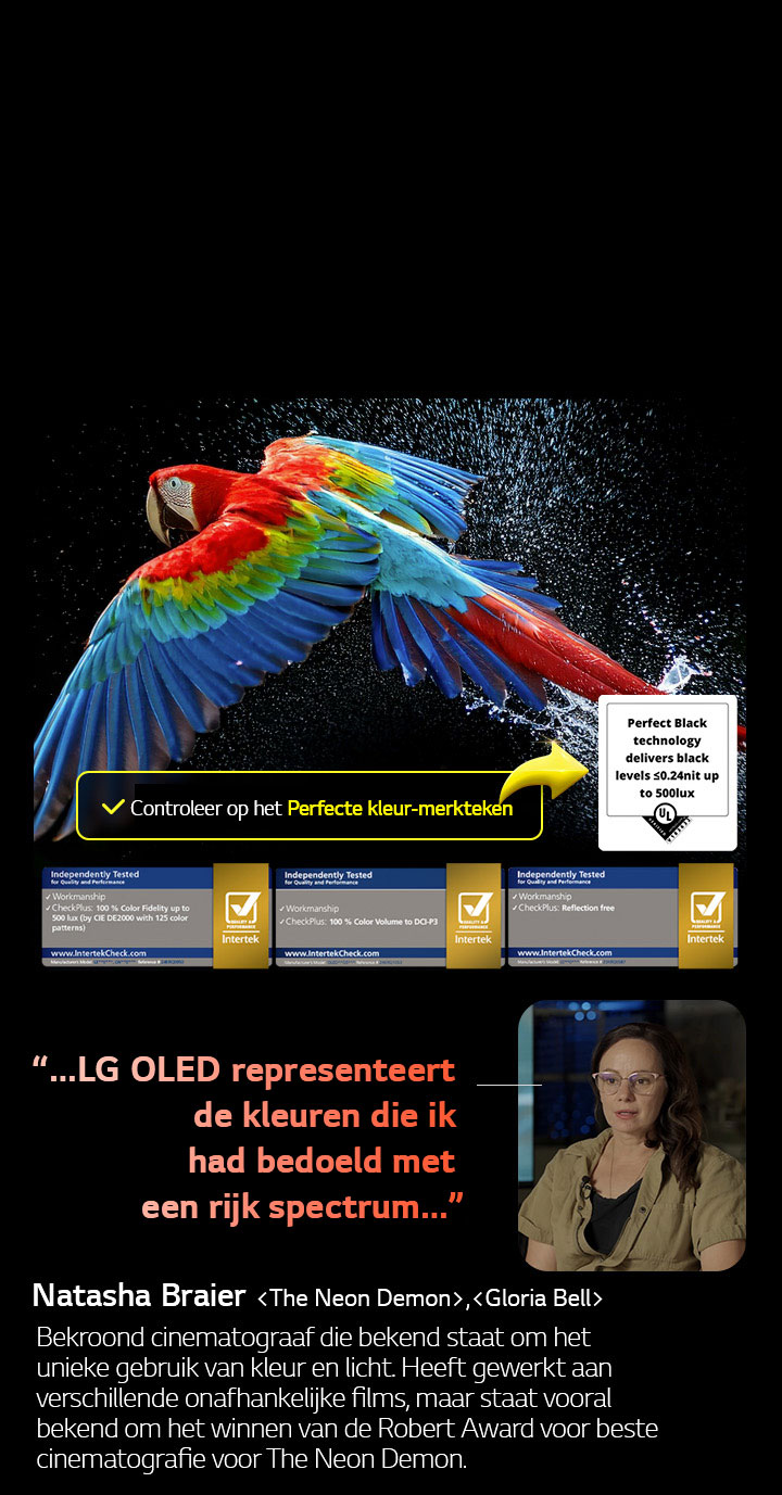 Perroquet coloré en ultra haute définition sur un fond noir. On voit des gouttes d’eau suspendues dans l’air tout autour. L’image présente la technologie Perfect Color, car chaque couleur différente du corps du perroquet est dynamique et éclatante. Le fond sombre avec les éclaboussures d’eau détaillées met également en valeur la protection de l’écran contre les reflets. Différentes certifications de logo UL et Intertek sont visibles. Celles-ci font référence aux technologies 100 % de fidélité des couleurs, Volume de couleurs à 100 % et à sa certification sans reflet. Le texte est également visible, vérifiez le logo de certification Perfect Color.