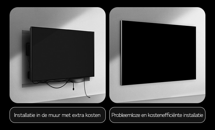 Een vergelijking tussen een bedrade TV en een LG True Wireless TV wat betreft installatie. Aan de kant van de bedrade TV lijkt er extra constructiewerk nodig te zijn om alle andere apparaten achter de TV te verbergen. De rommelige opstelling en draden zijn nog steeds zichtbaar door de kieren. Op het label staat: installatie in de muur tegen extra kosten. Aan de LG True Wireless kant is de TV netjes aan de muur bevestigd. Er zijn geen draden of apparaten zichtbaar. Op het label staat: geen gedoe en kostenloze installatie.