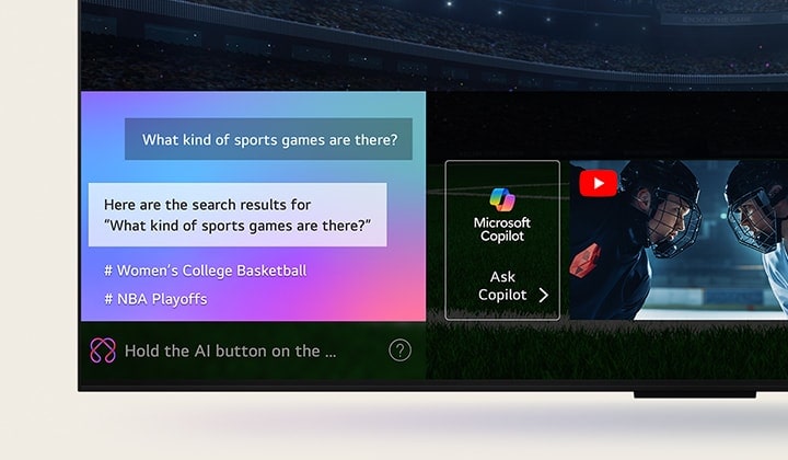 LG OLED TV-scherm laat zien hoe AI Search werkt. Er wordt een klein chatscherm geopend dat weergeeft hoe de gebruiker heeft gevraagd voor de beschikbare sportwedstrijden. AI Zoeken reageert via de chat en door thumbnails weer te geven van verschillende beschikbare inhoud. Er wordt een scherm weergegeven voor het vragen aan Microsoft Copilot.