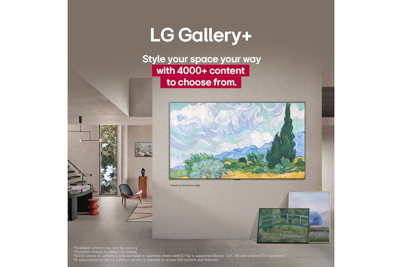De binnenkant van een verfijnd huis. Veel verschillende kunstwerken zijn te zien. Op de middelste muur is een LG TV te zien met een kunstwerk op het scherm. De tv lijkt op een schilderij uit een museum.