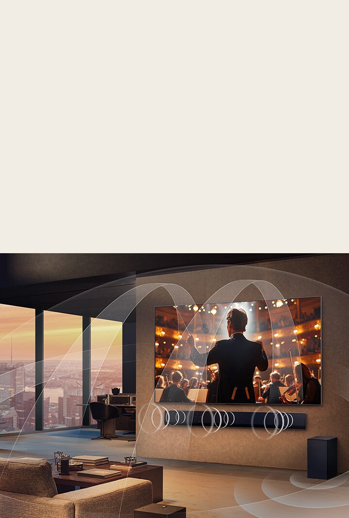 Een woonkamer met een LG OLED TV en LG Soundbar met afbeeldingen die laten zien hoe beide apparaten de ruimte met multi-surroundgeluid vullen.