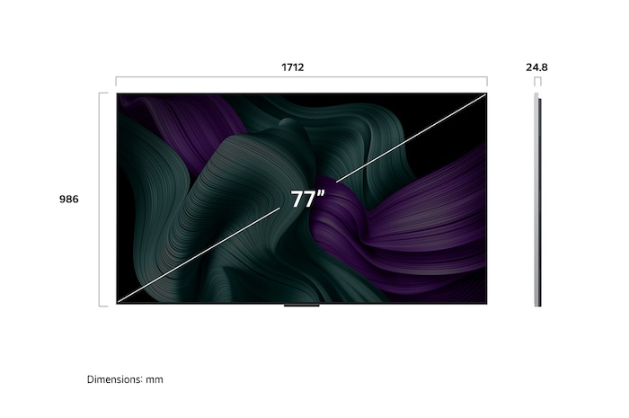 Vooraanzicht en zijaanzicht van een LG OLED M5 TV die de lengte-, breedte-, hoogte- en diepteafmetingen weergeven.