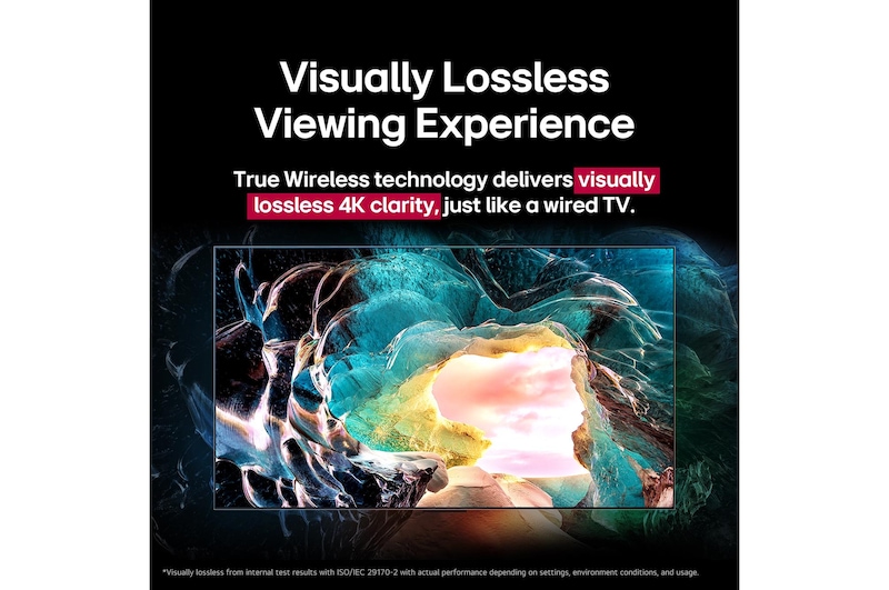 LG OLED M5 TV-scherm met de binnenkant van een grot die uitkijkt naar de hemel. De tekst bespreekt de indrukwekkende details met visueel verliesloze 4K-kwaliteit.