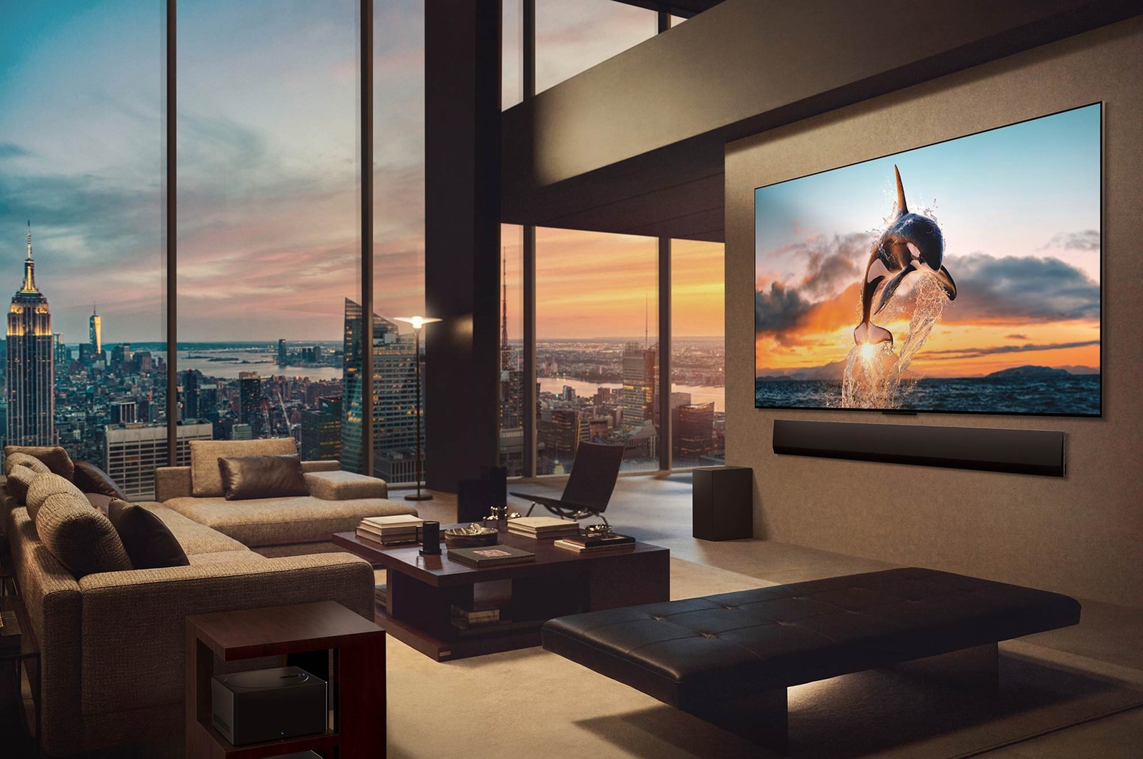 Ruime woonkamer met uitzicht op de stad. Een LG OLED TV is aan de muur bevestigd met een LG Soundbar. Door het One Wall Design van de tv kun je hem strak tegen de muur plaatsen, zodat hij mooi in de ruimte past. De Zero Connect Box is zichtbaar, maar goed opgeborgen.