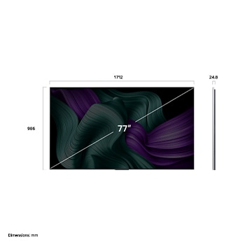 Vooraanzicht en zijaanzicht van een LG OLED M5 TV die de lengte-, breedte-, hoogte- en diepteafmetingen weergeven.
