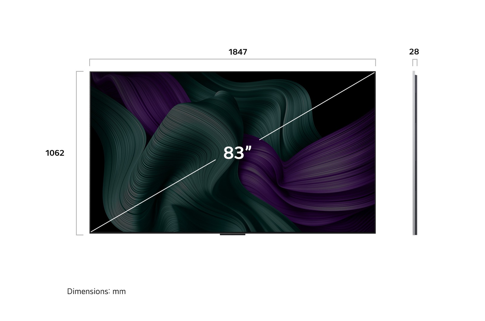 Vooraanzicht en zijaanzicht van een LG OLED M5 TV die de lengte-, breedte-, hoogte- en diepteafmetingen weergeven.