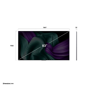 Vooraanzicht en zijaanzicht van een LG OLED M5 TV die de lengte-, breedte-, hoogte- en diepteafmetingen weergeven.