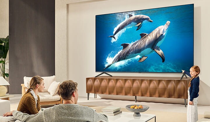 Een meisje en een hond zitten voor een LG QNED TV die aan de muur bevestigd is en waarop drie olifanten te zien zijn die boven een LG Soundbar naar buiten lopen.