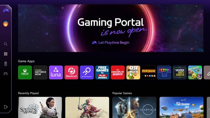 Startscherm van het Gaming Portal. De cursor beweegt en klikt om veel populaire gametitels weer te geven en de extra functie om games te kunnen selecteren op basis van het type controller dat je hebt, of dat nu een gamepad of de afstandsbediening is.