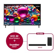 Vue avant de Smart TV LG UHD AI UA75 4K 2025 55 pouces & DS40T 2.1 canaux 55UA75006LA.DS40T