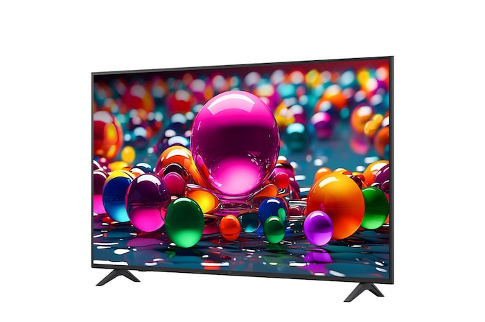 Front view and side view of LG UHD AI UA75 4K Smart TV showing its length, width, height, and depth dimensions.