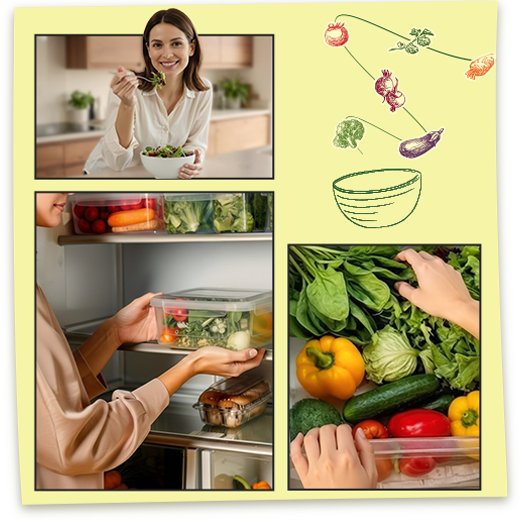 Un collage montrant des repas préparés à l’avance et des légumes bien organisés, rangés dans un réfrigérateur LG.