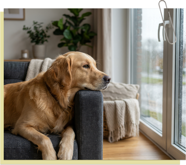 Un golden retriever se reposant sur un canapé près de la fenêtre, lors d’une journée pluvieuse et paisible