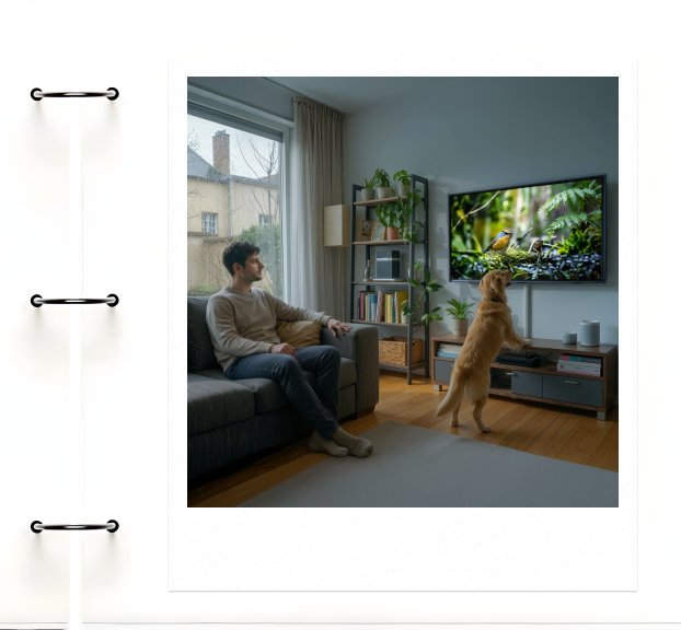 Un golden retriever regardant la télévision avec son propriétaire dans un salon cosy lors d’une journée pluvieuse