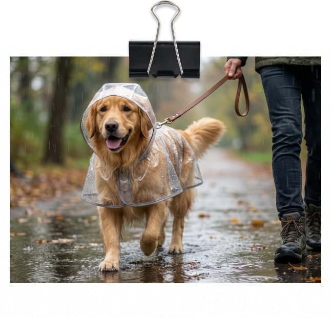 Un golden retriever portant un imperméable, marchant sur un chemin mouillé avec son propriétaire lors d’une promenade sous la pluie