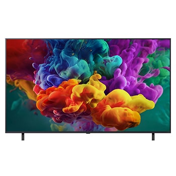 La vue avant de la Mini LED LG QNED evo AI QNED85, sortie en 2026, remplit l’écran de jaillissements éclatants et fluides de mouvements multicolores semblables à de la peinture, tandis que des nuages de couleurs denses se fondent harmonieusement sur l’écran.