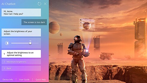 Sci-fi inhoud wordt afgespeeld op een LG OLED TV-scherm. Aan de linkerkant van het scherm bevindt zich de AI Chatbot-interface. De gebruiker meldt de chatbot dat het scherm te donker is en de chatbot biedt oplossingen voor het verzoek.